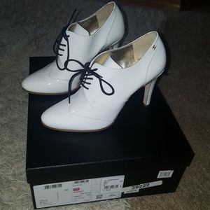 Chanel lace up white heels